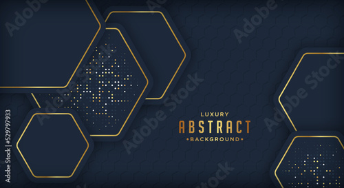 Abstract dark hexagon shape with golden glowing frame and shimmering glitters. Vector illustration.