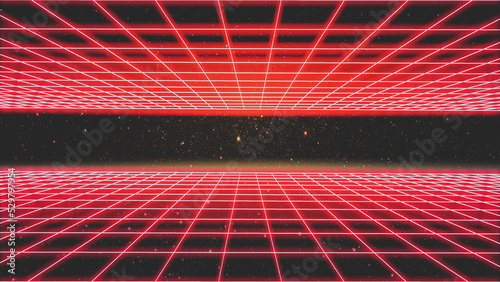 1980's retrowave background. Retro futuristic backdrop with red neon glowing perspective grid.  Abstract synthwave mock-up. 