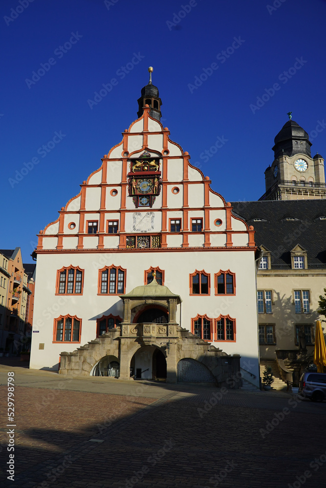 Fototapeta premium Historical town hall with renaissance gable, multifunctional clock, sun dial. Plauen city, Vogtland district, Saxony, Germany.