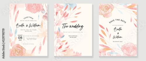 Luxury botanical wedding invitation card template. Watercolor card with pink, blue color, leaves branches, foliage, rose flowers. Elegant blossom vector design suitable for banner, cover, invitation.