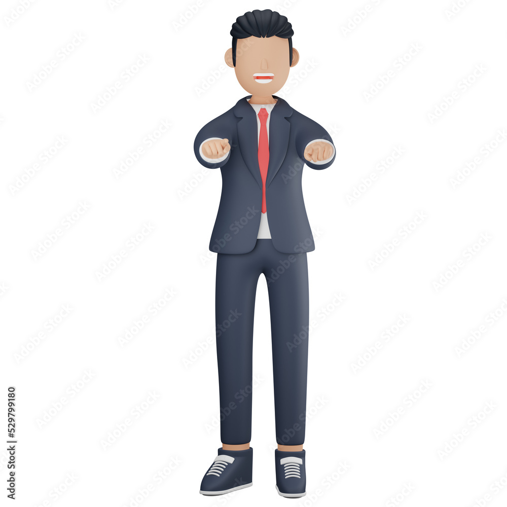 Businessman pointing finger at front 3d character illustration Businessman pointing finger at front 3d character illustration