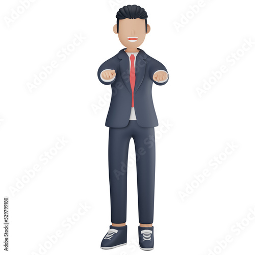 Businessman pointing finger at front 3d character illustration