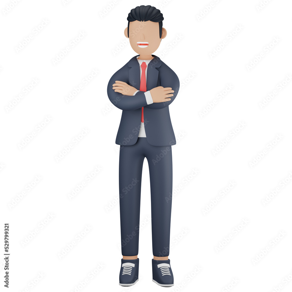 Smiling businessman standing with arms folded 3d character illustration Smiling businessman standing with arms folded 3d character illustration