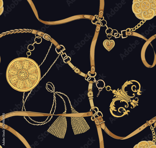Print with gold chains, belts and baroque swirls on a black background. Vector seamless pattern. Vintage print.