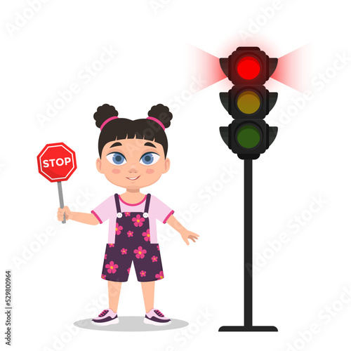 Child with stop sign. The traffic light shows a red signal. Vector illustration