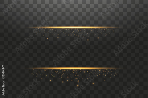 Glow isolated gold transparent effect, lens flare, explosion, glitter, line, sun flash, spark and stars. For illustration template art design, banner for Christmas celebrate, magic flash energy ray