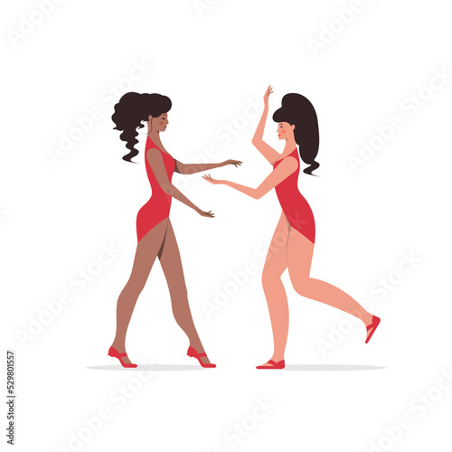 Dance of two girls. Modern stylish dancers in motion in studio, stage or dance hall.Vector illustration. Flat design..