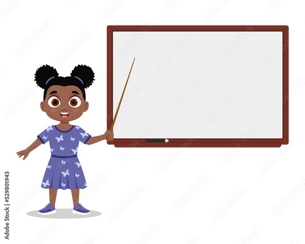 Child stands with a pointer near the blackboard. Vector illustration Child stands with a pointer near the blackboard. Vector illustration