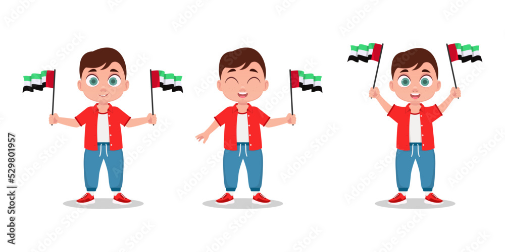 A child with the OAE flag in his hand. Boy with a flag. Vector illustration A child with the OAE flag in his hand. Boy with a flag. Vector illustration