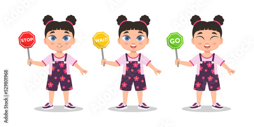 Set of girls, child girl with road sign. Vector illustration