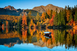 Strbske Pleso, High Tatras, Slovakia. Season - autumn. Sunrise, colors of autumn. Szczyrbskie Jezioro, Tatry Wysokie, Słowacja. Pora roku - jesień 