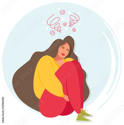 The girl has a migraine. A frustrated woman with a nervous problem feels restless and confused. Mental disorder and chaos in consciousness.