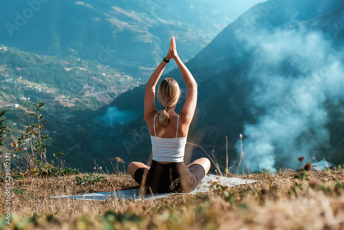Yoga mountains.Retreat,meditation wellness.Fit nature,fitness, yoga,meditative breathing practices.Meditation,relaxation,mental health.Active lifestyle, health.Wellness,workout,physical health