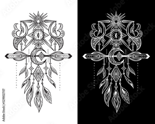illustration in black, with a dream catcher and a crescent moon