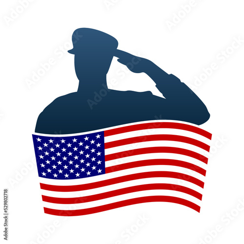Saluting soldier silhouette with American flag