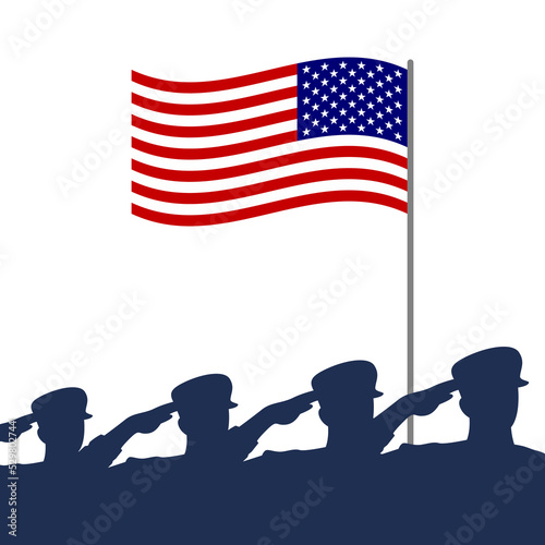 Saluting soldier silhouette with American flag