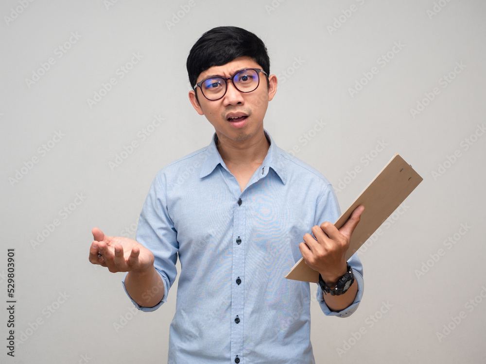 Businessman hold document board feels serious and confused isolated Businessman hold document board feels serious and confused isolated