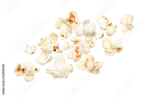 Flying popcorn isolated on white background.