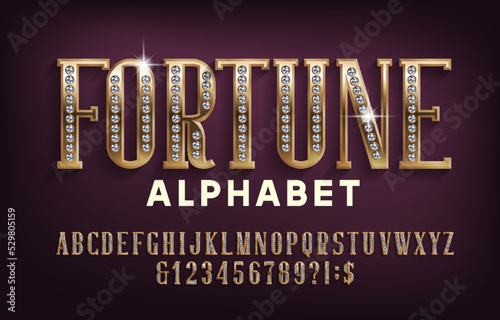 Fortune alphabet font. Gold letters and numbers encrusted with diamonds. Stock vector typeset for your design.