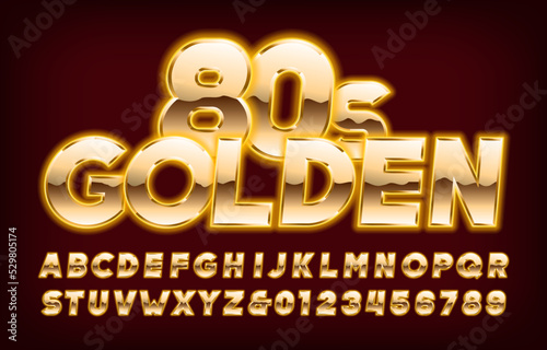 Golden 80s alphabet font. Glowing letters and numbers. Stock vector typescript for your typography in retro 80s style.