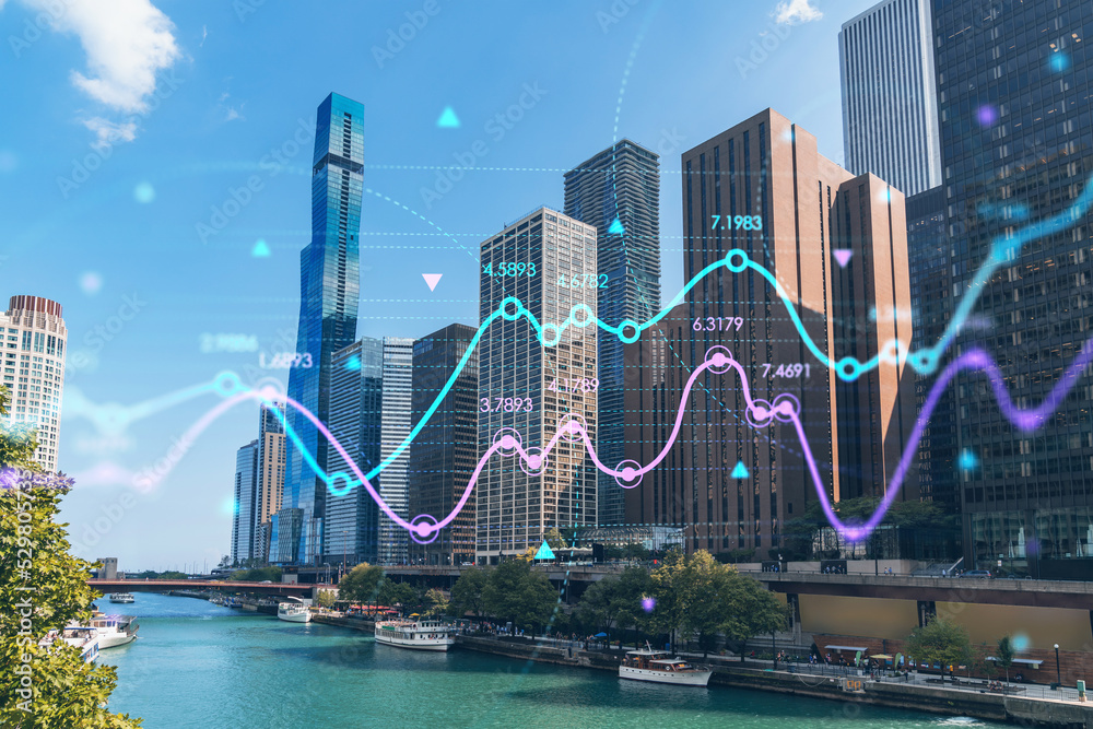 Obraz premium Panorama cityscape of Chicago downtown and Riverwalk, boardwalk with bridges at day time, Illinois, USA. Forex graph hologram. The concept of internet trading, brokerage and fundamental analysis