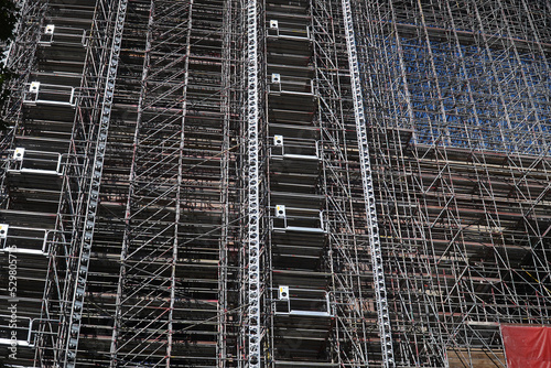 Elster viaduct (Elstertalbrücke) was completed in 1851. Total renovation of the brick built bridge with 68m high scaffolding started in 2022. Near village Barthmühle Pöhl, Vogtland, Saxony, Germany. photo