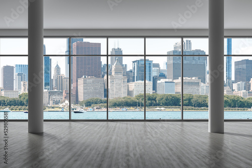 Downtown Chicago City Skyline Buildings from Window. Beautiful Expensive Real Estate. Epmty office room Interior Skyscrapers, View Lake Michigan waterfront, harbor. Cityscape. Day time. 3d rendering.