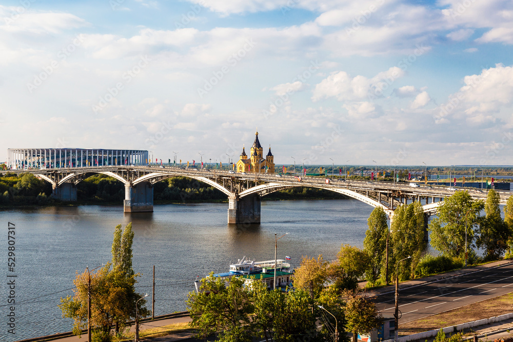 View of the Kanavinsky Bridge across the Oka River, the Alexander Nevsky Cathedral and the building 