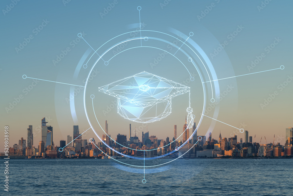 New York City skyline from New Jersey over Hudson River, Hudson Yards skyscrapers at sunset. Manhattan, Midtown. Technologies, education concept. Academic research, top ranking university, hologram