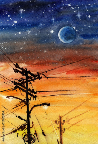 Fototapeta Naklejka Na Ścianę i Meble -  Two electric poles with a lot of power line wires and lanterns against the night starry sky and the moon. Hand drawn watercolors on paper textures. Raster bitmap image