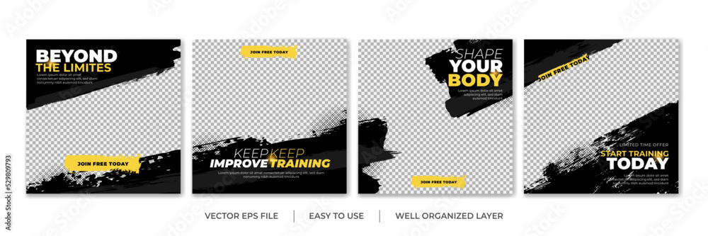 Fototapeta Set of Gym Fitness social media post design template. Suitable for social media, flyers, banner, and web internet.