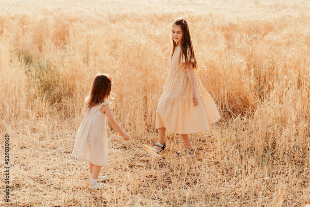 Little girl wear casual dress walking in country rural field.