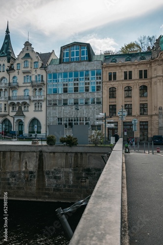 Outdoor view of buildings and the Tepla River in the city of Carlsbad in the Czech republic photo