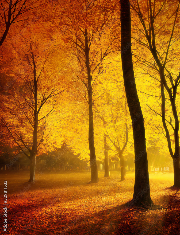 Evening silhouettes of trees in colorful autumn forest, dramatic contrast, vertical format. Generative AI illustration