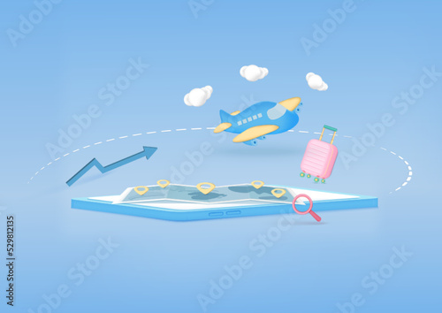 3d render pointer of Map location search GPS, with 3d suitcase Planning for tourism on summer buy travel.