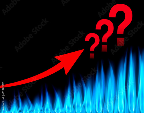 Gasflammen mit Rotem Pfelil nach oben und Fragenzeichen