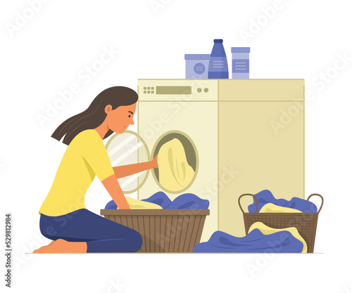 Woman Washing the Clothes with Washing Machine
