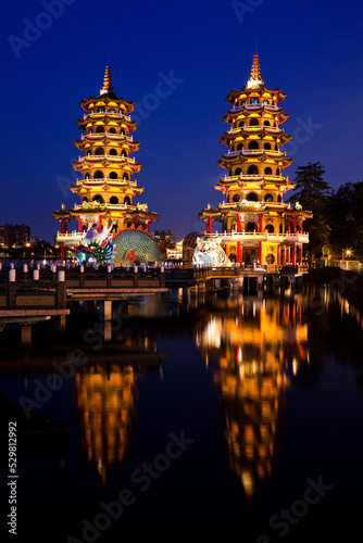 Architecture view of the Dragon and Tiger Pagodas in Lotus Pond of Kaohsiung, Taiwan. it is a temple located at Lotus Pond.