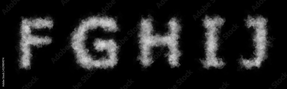 Font of smoke or cloud. Letters F,G,H,I,J. Abstract smoke or clouds text. Isolated white letters on black background. Font of smoke or cloud. Letters F,G,H,I,J. Abstract smoke or clouds text. Isolated white letters on black background.