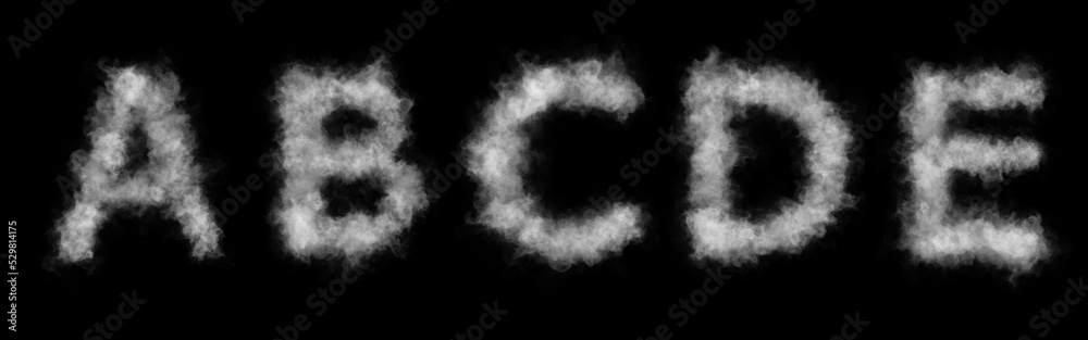 Font of smoke or cloud. Letters A,B,C,D,E. Abstract smoke or clouds text. Isolated white letters on black background. - obrazy, fototapety, plakaty 