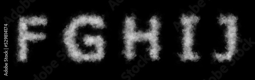 Font of smoke or cloud. Letters F,G,H,I,J. Abstract smoke or clouds text. Isolated white letters on black background.