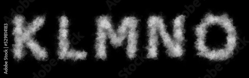 Font of smoke or cloud. Letters K,L,M,N,O.  Abstract smoke or clouds text. Isolated white letters on black background.