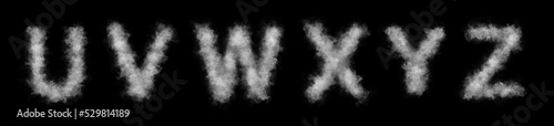 Font of smoke or cloud. Letters U,V,W,X,Y,Z. Abstract smoke or clouds text. Isolated white letters on black background.