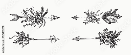 Arrows collection with flowers and  feathers, simple doodle drawing, gravure style