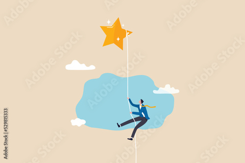 Effort to achieve goal or success, courage or risk taking to win business or career growth, reaching goal or finish mission concept, strong businessman rope climbing full effort to reach the star.