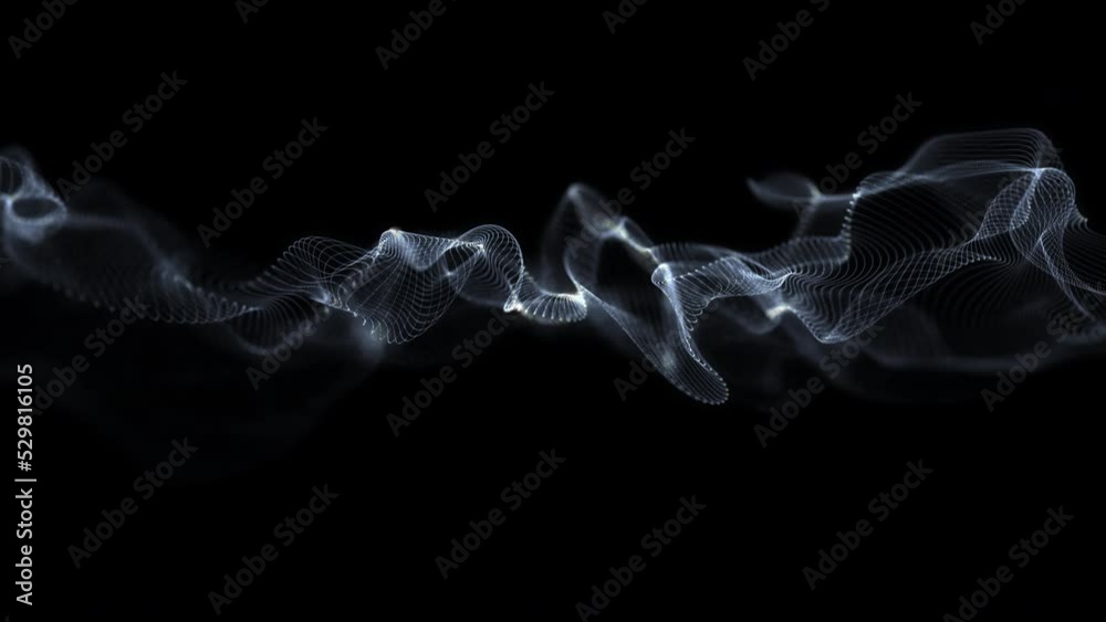 Abstract digital blue color wave with flowing small particles dance motion on wave and light abstract background.