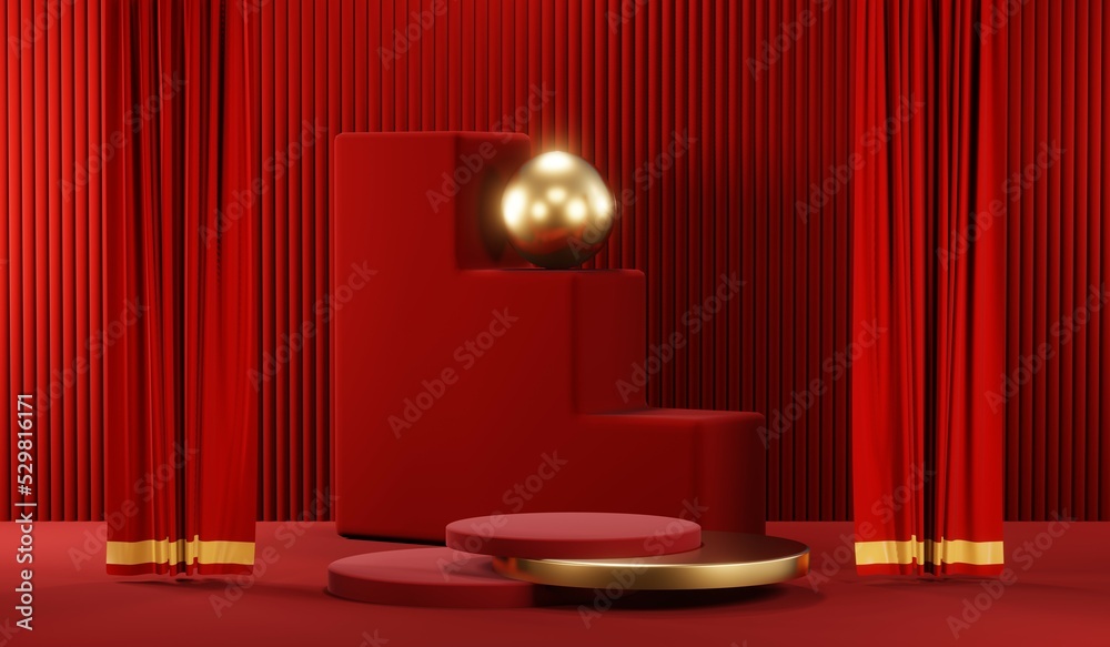 3D rendering of blank product background for cream cosmetics Modern red podium background