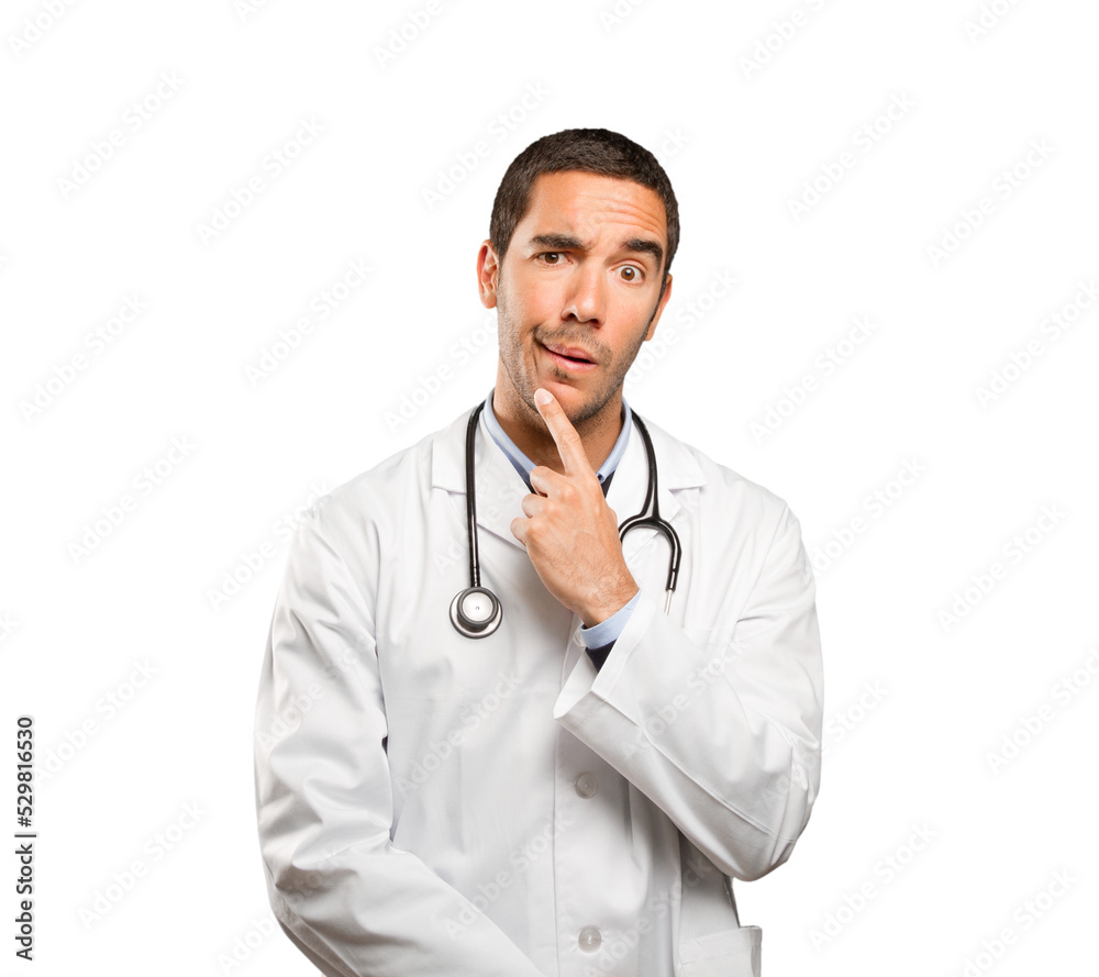 Fototapeta premium Suspicious doctor against white background