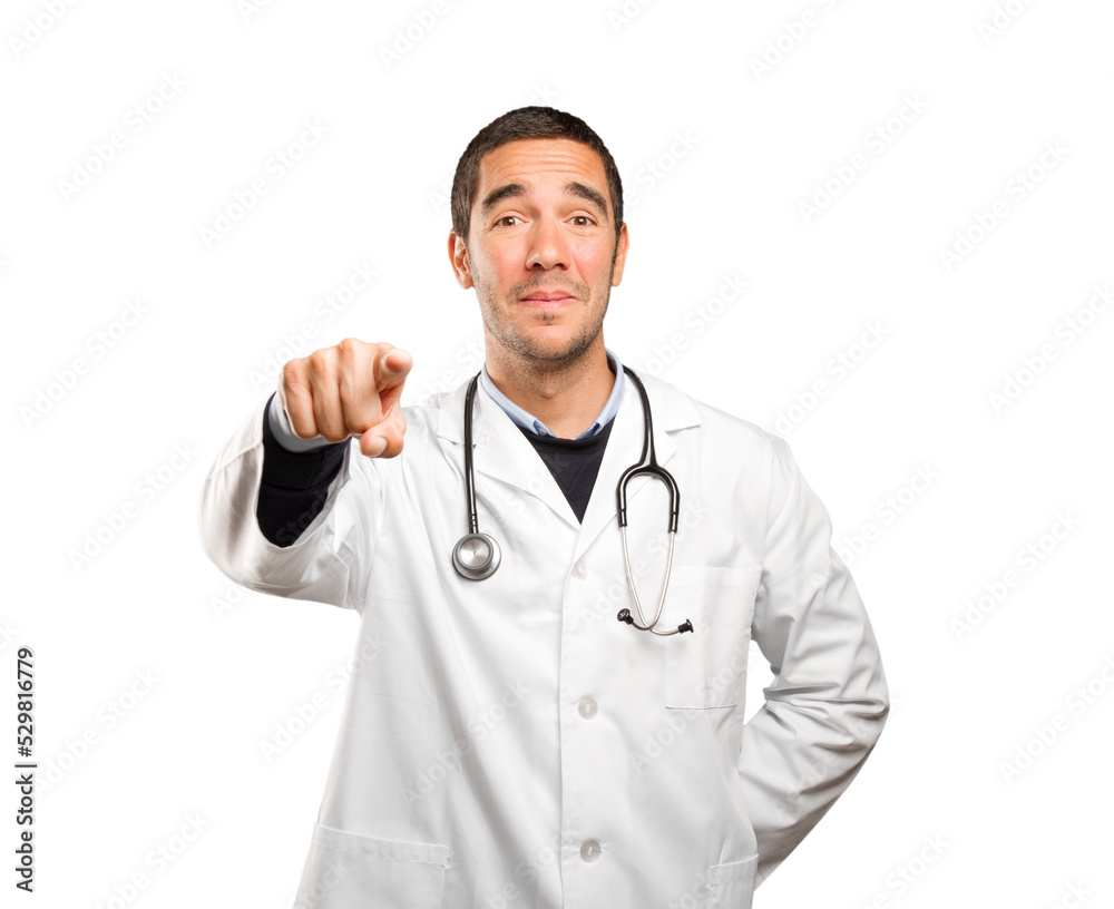 Funny doctor laughing at you against white background Funny doctor laughing at you against white background