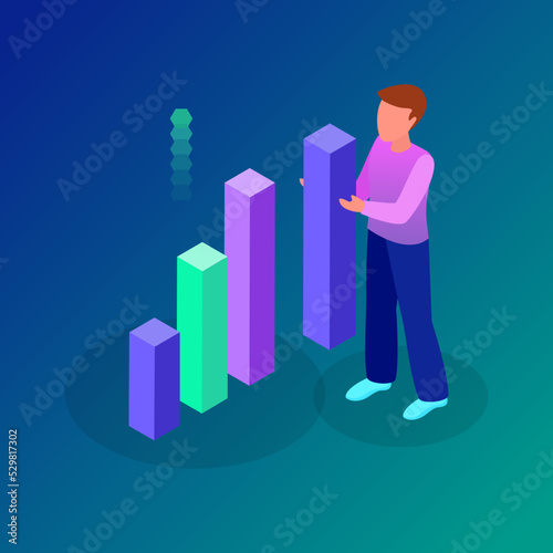 Isometric design concept business analytics with people making various graphs and diagrams